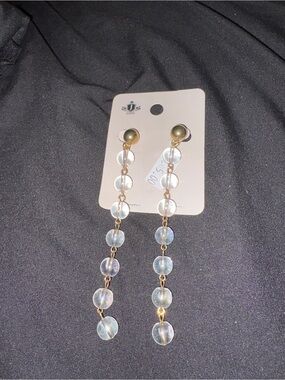 Iridescent Bead Drop Earrings - Clear/Gold